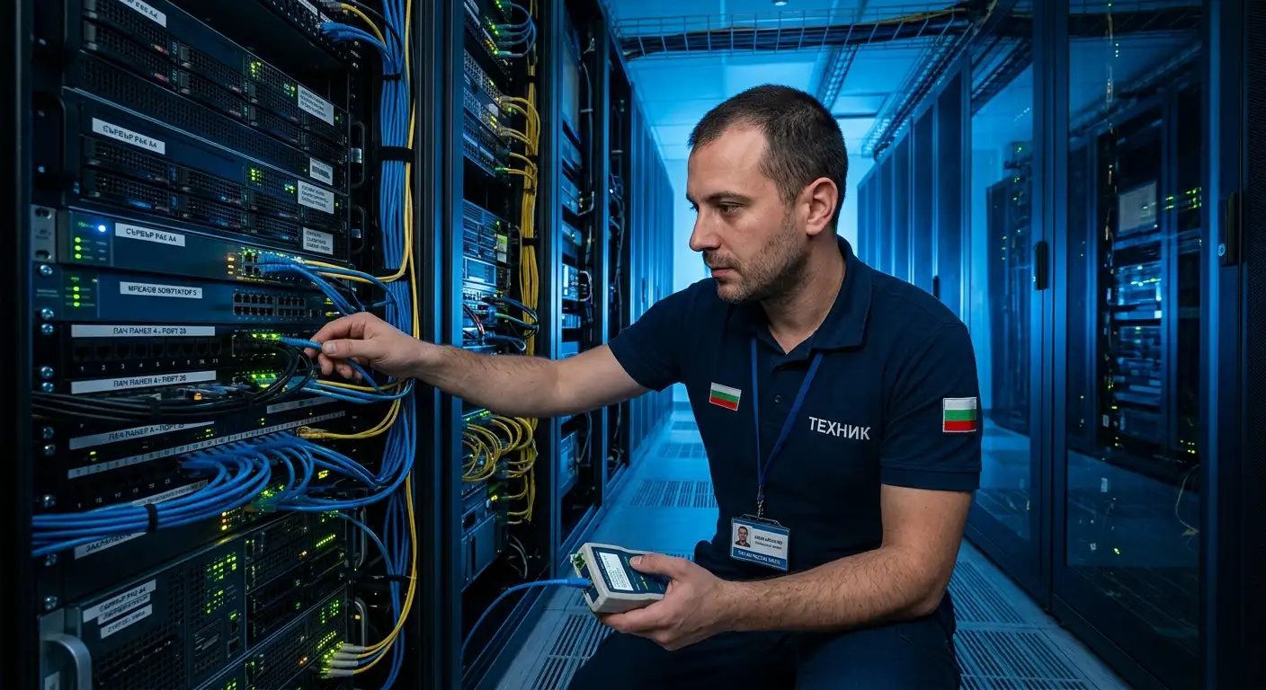 Техник наблюдава сървърни връзки в зала
